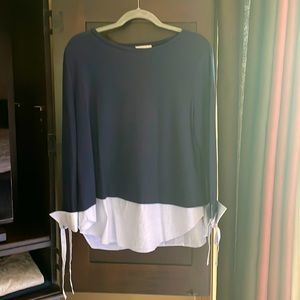 Loft Navy sweater with at bottom &cuffs and Blouse is navy and white pinstripe